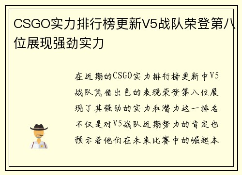 CSGO实力排行榜更新V5战队荣登第八位展现强劲实力